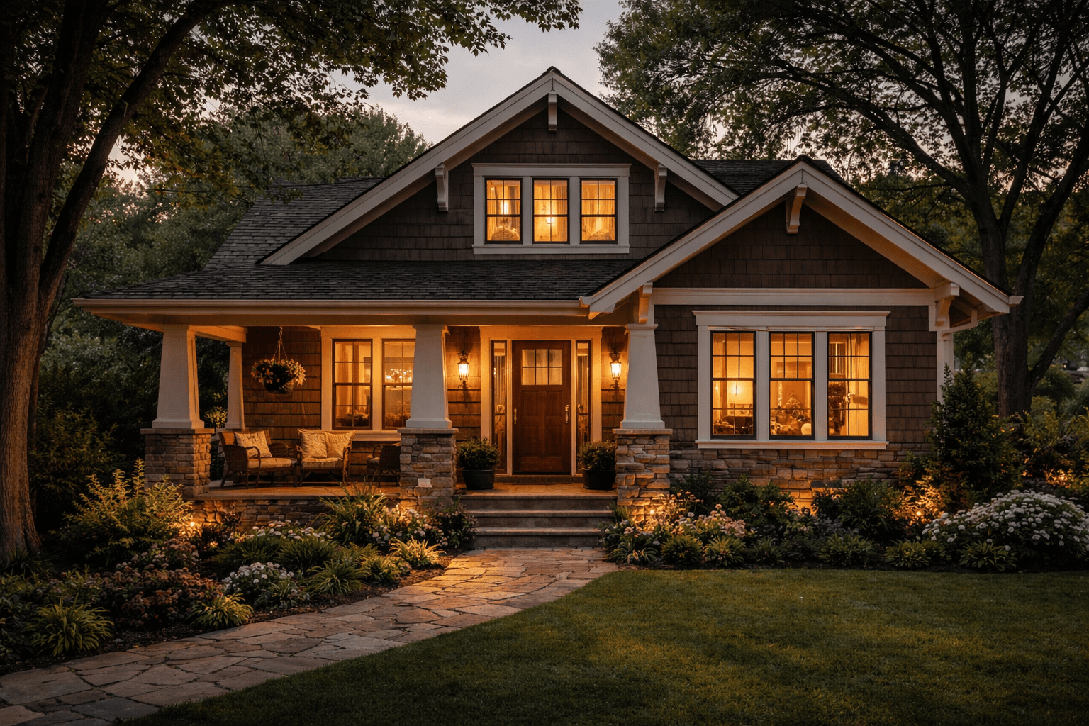 A welcoming home with a garden and softly lit windows at dusk
